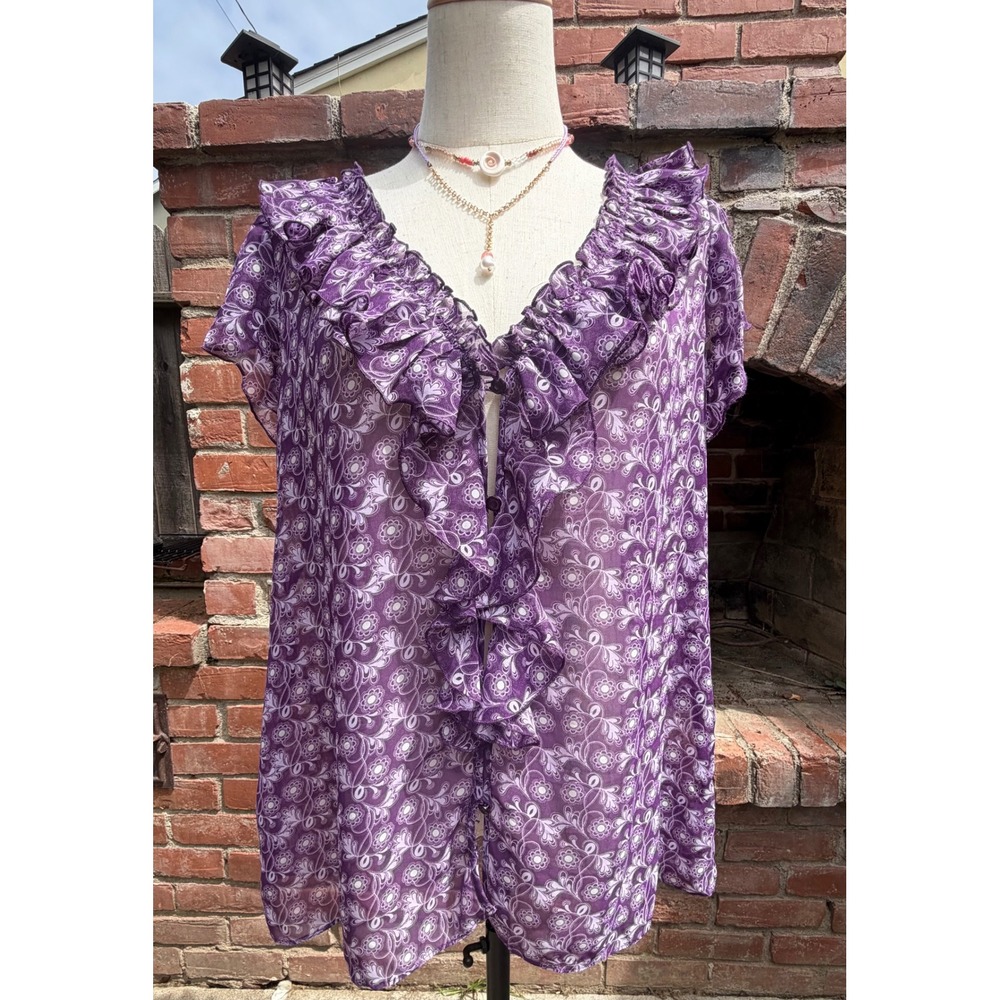 ICE Purple Floral Chiffon Ruffle Button Front Blouse XL Sleeveless Sheer Top